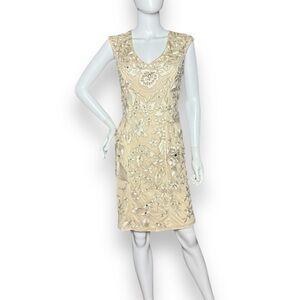 Sue Wong Nocturne Cream Beaded Embroidered Sheath Dress